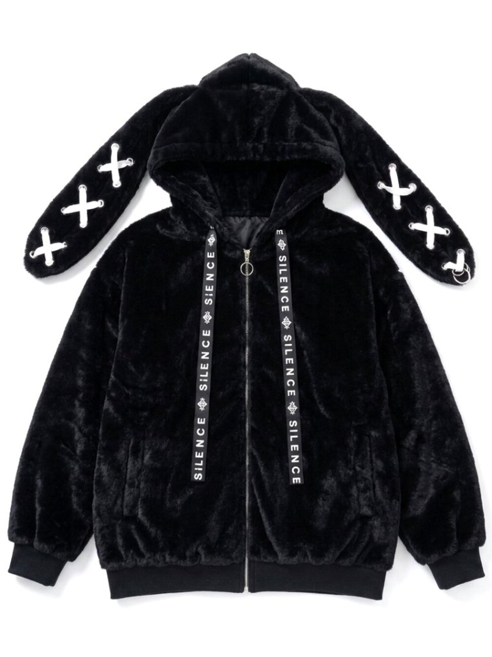 NEW RESHAM Silence Bunny Ear Black White Faux Fur Oversized Jacket
